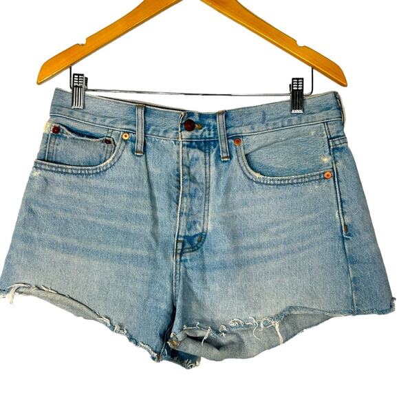 Madewell Button Fly Blue Relaxed Frayed Hem Denim Shorts Waist 27 - Picture 1 of 8
